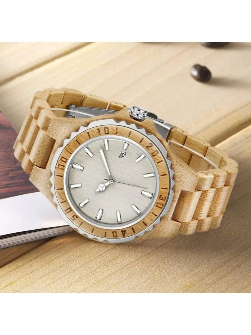 Men's Beige White Classic Handmade Round Bamboo Analog Date Quartz Wooden Watch